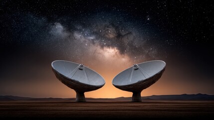 Expansive view of two satellite dishes under a starry sky illuminating the cosmos and showcasing advanced technology in the quest for extraterrestrial communication and scientific discovery