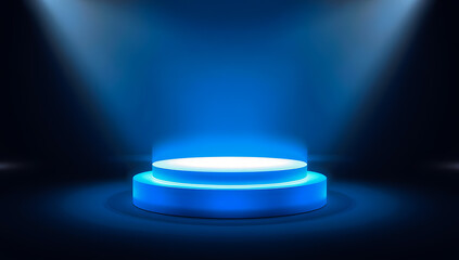 Dark Blue Futuristic Light Stage with Glowing Spotlight 3D Tech Podium Scene