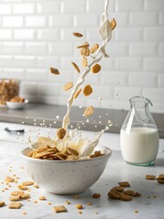 Cereal Bowl with Milk and Flying Oats | Breakfast Spread | Healthy Morning Meal.