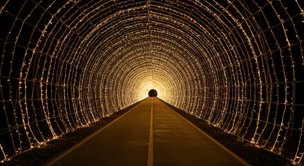 Illuminated tunnel path with warm light string decorations creating a mesmerizing perspective
