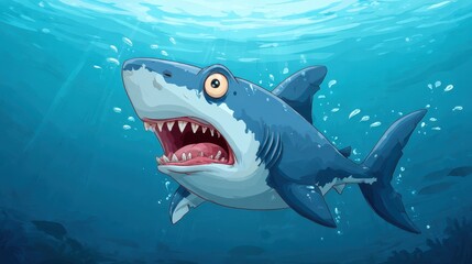 Obraz premium A cartoon great white shark with wide eyes and an open mouth shows shock while swimming in a vibrant underwater setting filled with bubbles and marine life