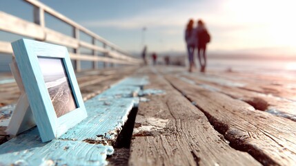 A framed photo sits on a weathered wooden pier with blurred figures in distance