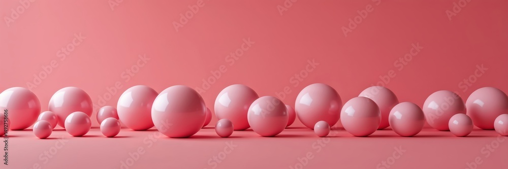 Poster various sizes of glossy pink spheres arranged on a smooth surface with a matching backdrop in a mini