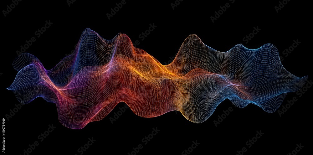 Poster a vibrant 3d landscape visualization showcasing colorful wave-like patterns against a black backgrou