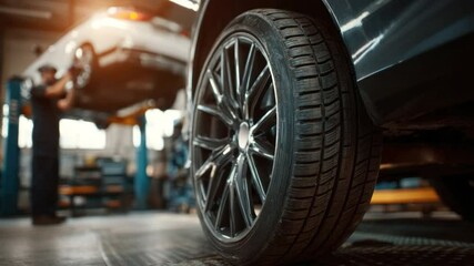 Car Tire in a Mechanic Shop: A detailed shot highlights a car's wheel and tire in a mechanic shop, capturing the essence of vehicle maintenance and repair, alongside the expert in the background. 