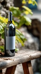 Obraz premium Dark wine bottle on rustic wooden bench, surrounded by foliage