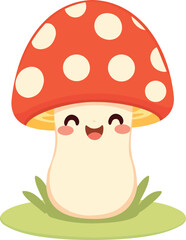 Kawaii Mushroom Character with Big Polka-Dotted Cap – Joyful Flat Vector Illustration for Printable Sticker and Minimalist Design
