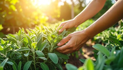 Obraz premium Harvesting Sage: A Golden Hour in the Herb Garden