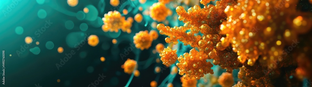 Poster vibrant microscopic view of orange and teal cells actively interacting in a dynamic environment. sho