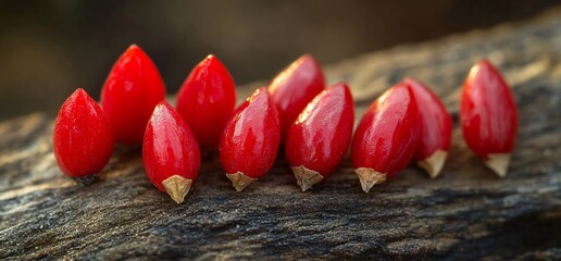 Bright red berries on wooden surface
