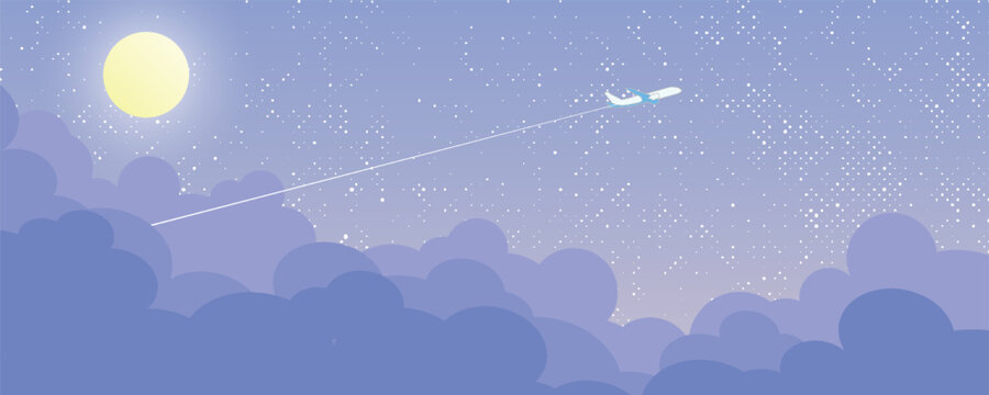 Airplane window view with beautiful night time sky and stars background vector illustration