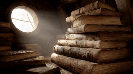 Stack of aged books in dusty attic, sunlit through a round window, conveying history, knowledge, and the passage of time