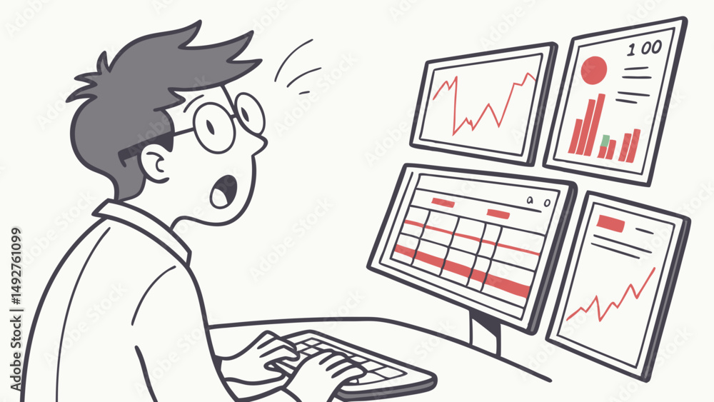 Poster vector svg young man with glasses and messy hair looking surprised at multiple computer screens disp