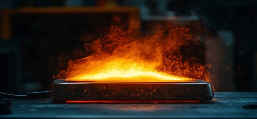 Bright flames rising from metal tray