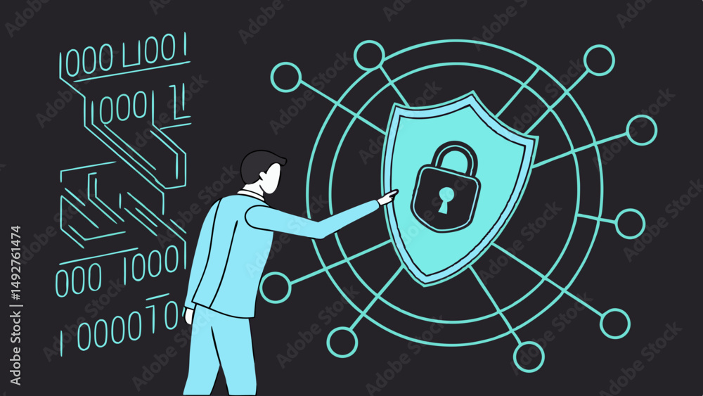 Poster vector svg businessman interacting with digital shield symbolizing cybersecurity and data protection