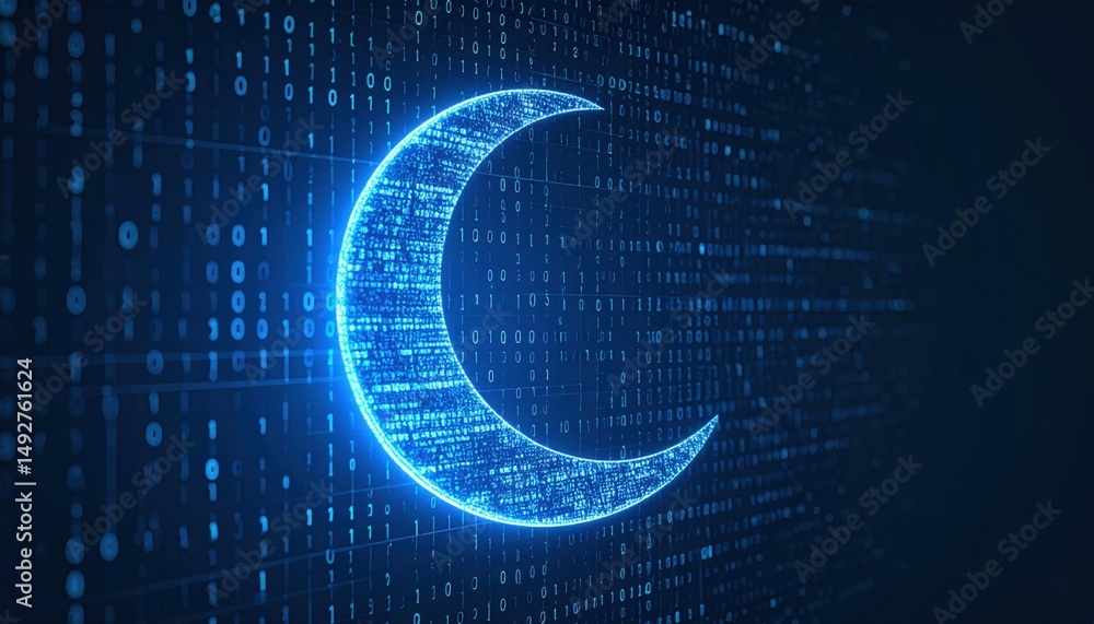 Poster exploring digital technology with a futuristic crescent moon design virtual space digital art abstra