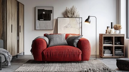Fototapeta premium Cozy living room with red armchair, wooden accents, and minimalist decor