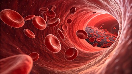 Fototapeta premium Inside the Human Bloodstream with Red Blood Cells Flowing Through Artery for Circulation and Oxygen Transport Study