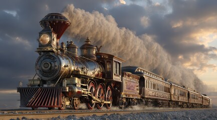 Naklejka premium A unique train adorned with ornate patterns and vibrant colors glides along tracks amidst a stunning sunset. Steam billows from its chimney, adding to the magical atmosphere