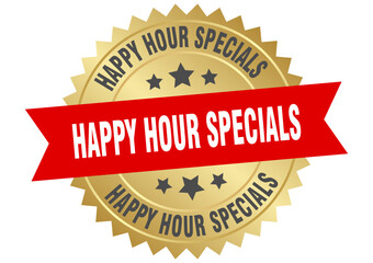 happy hour specials. happy hour specials round red and gold label isolated on transparent background
