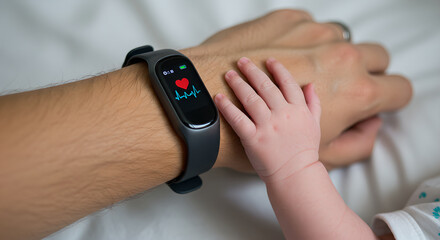 Man’s arm with a fitness tracker displaying healthcare data shows a heart and lifeline while baby child's hand touches it. Family bond healthcare concept.