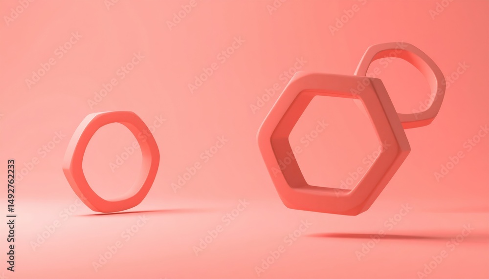 Poster dynamic hexagonal shapes in motion minimalist studio 3d animation pink background abstract design