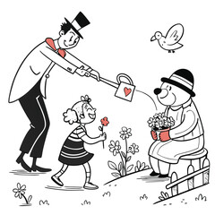 Vintage Doodle Character Set ,Expressive Black and White Line Art Illustrations