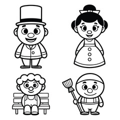 Whimsical 1960s Retro Cartoon Characters,Black and White Line Art Doodle Set