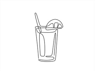 Continuous one line drawing of Glass of lemonade, or cocktail with lemon. Editable stroke	
