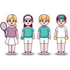 Cartoon Characters Playing Pickleball. Vector Hand Drawn Collection Set Isolated On Transparent Background