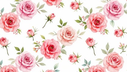 Delicate watercolor roses & leaves, repeat pattern, pink, surface pattern, texture