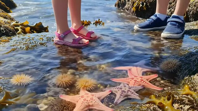 Children exploring starfish and marine life in a shallow tidepool on a sunny beach adventure.  