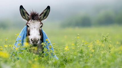 Obraz premium Cheerful donkey wrapped in blue blanket stands in vibrant field of yellow flowers, surrounded by greenery and soft rain