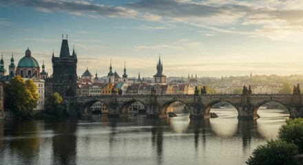 Sunrise over a historic bridge and cityscape, reflecting in calm waters