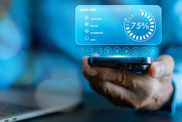 Smart home technology interface on smartphone, home IOT control panel for temperature and energy management, wireless automation system for modern smart living, security, device connectivity app