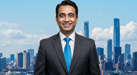 Businessman smiles confidently against city backdrop