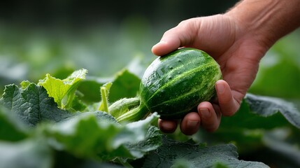 Obraz premium A hand gently holds a small, striped melon in a lush green field