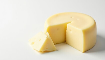 Creamy white cheese wheel on white background, cheddar, cuisine
