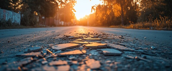 Broken pavement road sunset background