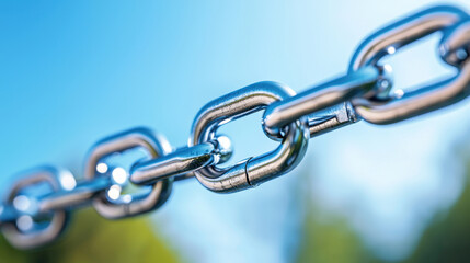Obraz premium Close up of shiny metal chain link against clear blue sky, symbolizing strength and connection
