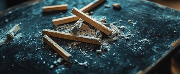 Broken wooden chalks on dark surface