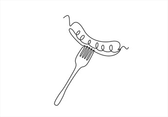 Continuous line drawing of sausage with fork at bbq party vector illustration. Knife hand drawn minimalism style. Editable stroke