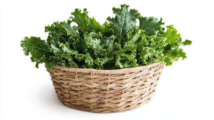 Naklejka premium Fresh green kale in straw basket creates vibrant and healthy display, perfect for any kitchen or market setting