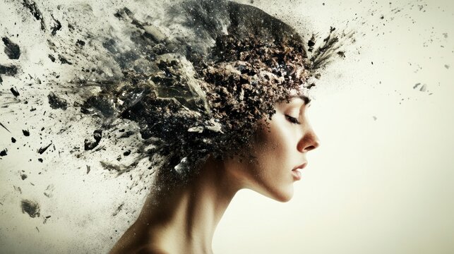 A woman's profile, her head exploding into a cloud of dark, earthy particles