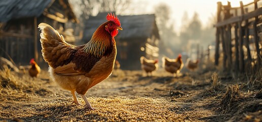 Brown chicken in farmland