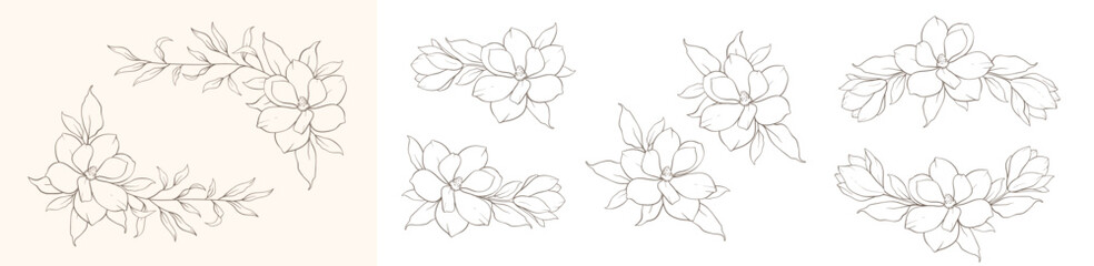 Minimal line art flower corners. Hand drawn boho style vector illustration. Floral wreath in delicate line art style. Minimalist vector illustration. Wedding Invitation flower arrangements, bouquets