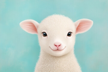 A cute, fluffy white lamb with big expressive eyes and a gentle smile, set against a soft blue background.