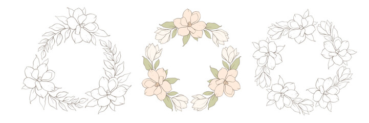 Set of Hand-drawn floral wreath in delicate line art style. Elegant flowers outline of eucalyptus, magnolia, delicate details, forms. Hand drawn vector decoration. Minimalist boho elegance