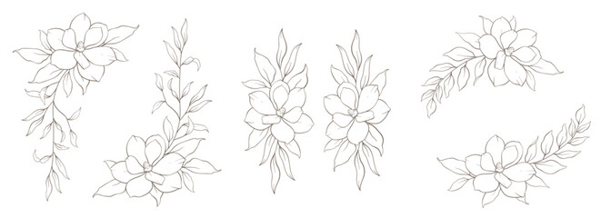 Minimal line art flower corners. Hand drawn boho style vector illustration. Floral wreath in delicate line art style. Minimalist vector illustration. Wedding Invitation flower arrangements, bouquets
