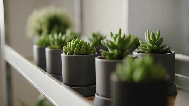 Row of succulents in pots on shelf indoors nature decor